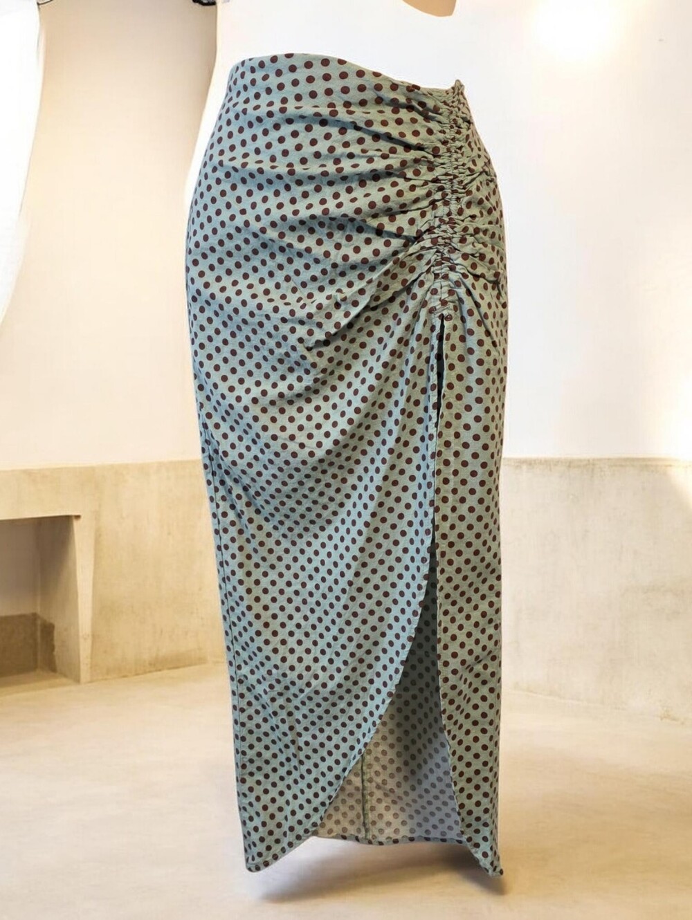 Zara Polka Dot Ruched Side Slit Midi Skirt Size S